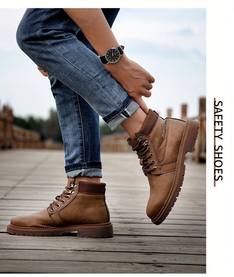 Men's Solid Colour Steel Toe & Rubber Sole Puncture Proof Safety Shoes, Comfy Non Slip Durable Lace Up Work Boots For Men's Outdoor Activities