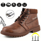 Men's Solid Colour Steel Toe & Rubber Sole Puncture Proof Safety Shoes, Comfy Non Slip Durable Lace Up Work Boots For Men's Outdoor Activities