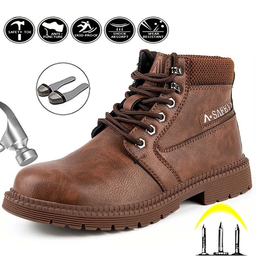 Men's Solid Colour Steel Toe & Rubber Sole Puncture Proof Safety Shoes, Comfy Non Slip Durable Lace Up Work Boots For Men's Outdoor Activities