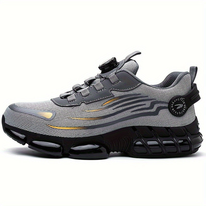 Men's Trendy Steel Toe & Puncture Proof Safety Shoes With Rotating Buckle, Comfy Non Slip Shock Absorbing Rubber Sole Work Shoes