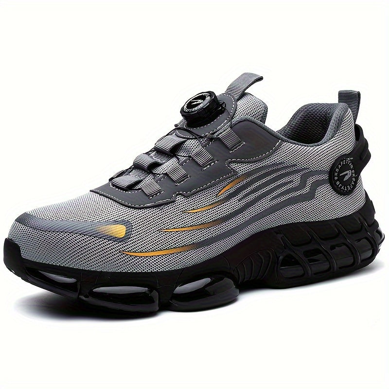 Men's Trendy Steel Toe & Puncture Proof Safety Shoes With Rotating Buckle, Comfy Non Slip Shock Absorbing Rubber Sole Work Shoes