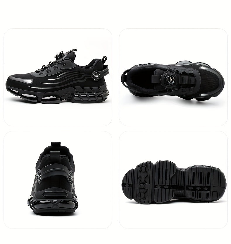 Men's Trendy Steel Toe & Puncture Proof Safety Shoes With Rotating Buckle, Comfy Non Slip Shock Absorbing Rubber Sole Work Shoes