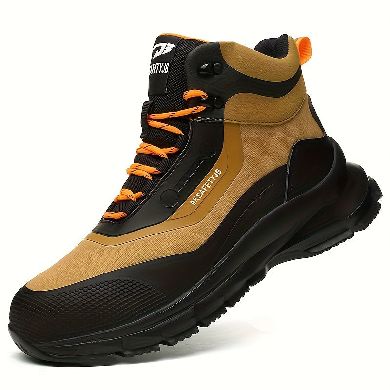 Men's High-Top Steel Toe Work Boots - Durable All-Season Hiking Safety Shoes with Anti-Puncture Midsole, Geometric Pattern, Lace-Up Closure, Synthetic Upper & Rubber Sole for Outdoor Adventures, Outdoor Hiking Boots | Stylish