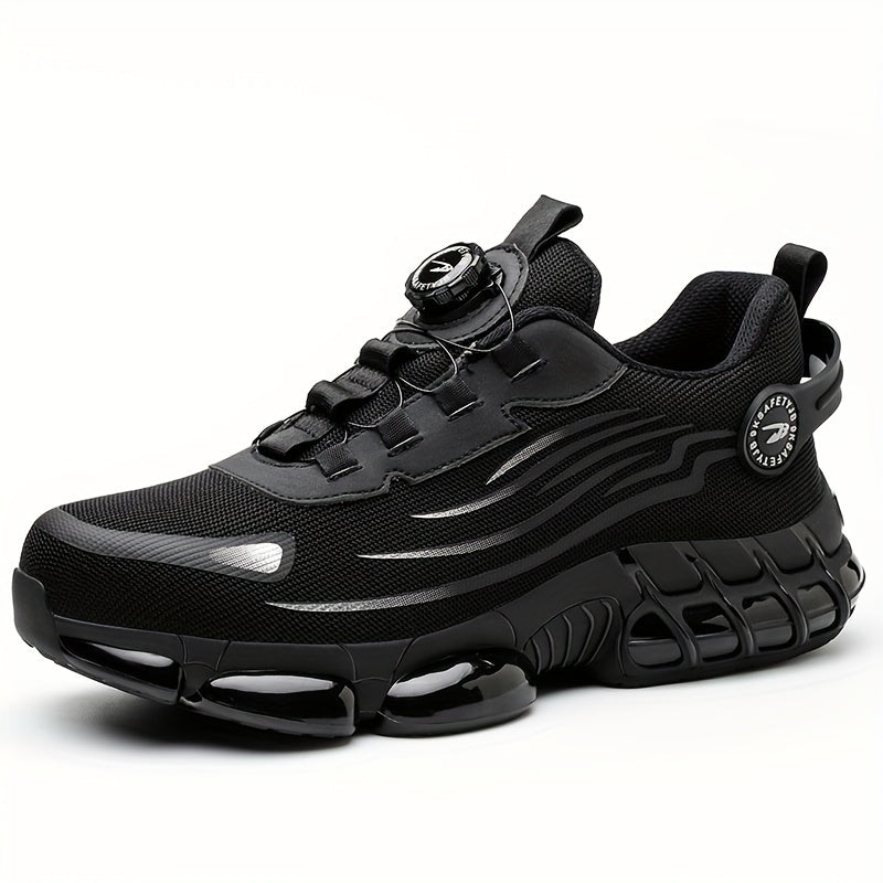 Men's Trendy Steel Toe & Puncture Proof Safety Shoes With Rotating Buckle, Comfy Non Slip Shock Absorbing Rubber Sole Work Shoes