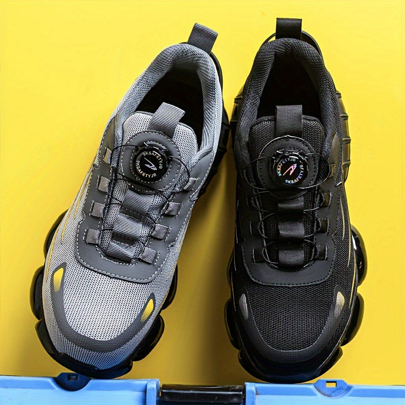 Men's Trendy Steel Toe & Puncture Proof Safety Shoes With Rotating Buckle, Comfy Non Slip Shock Absorbing Rubber Sole Work Shoes