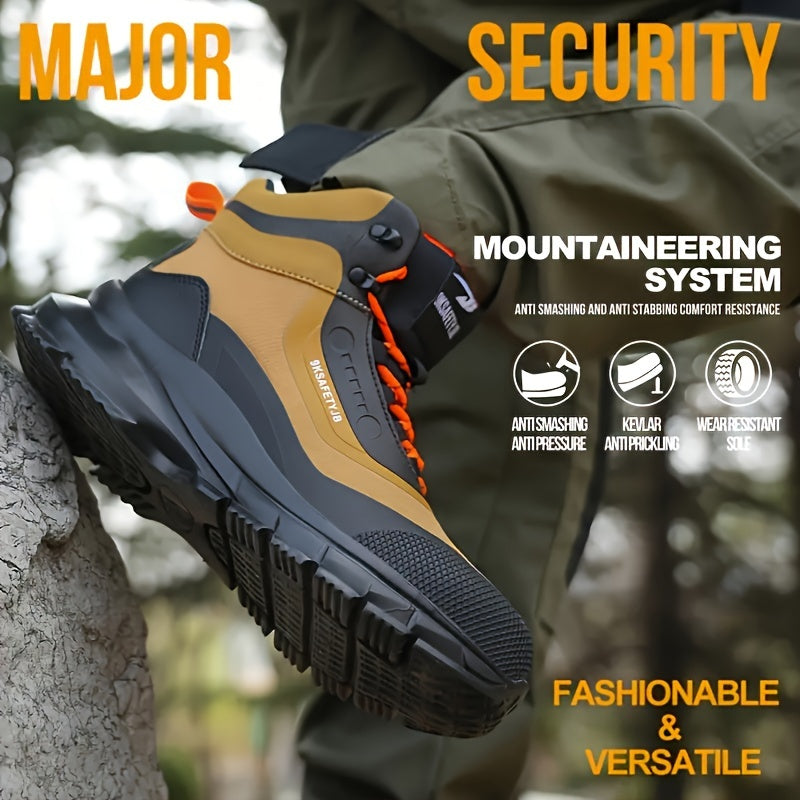 Men's High-Top Steel Toe Work Boots - Durable All-Season Hiking Safety Shoes with Anti-Puncture Midsole, Geometric Pattern, Lace-Up Closure, Synthetic Upper & Rubber Sole for Outdoor Adventures, Outdoor Hiking Boots | Stylish