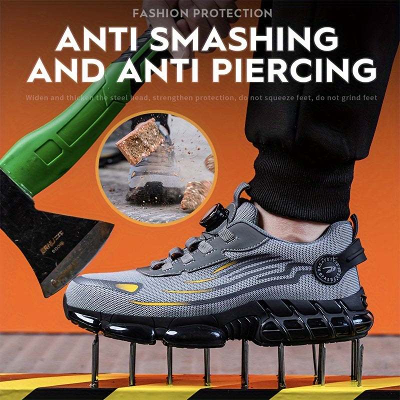 Men's Trendy Steel Toe & Puncture Proof Safety Shoes With Rotating Buckle, Comfy Non Slip Shock Absorbing Rubber Sole Work Shoes
