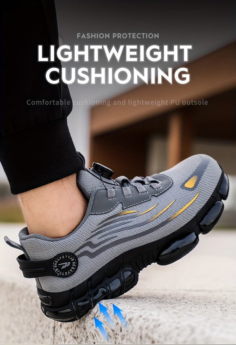 Men's Trendy Steel Toe & Puncture Proof Safety Shoes With Rotating Buckle, Comfy Non Slip Shock Absorbing Rubber Sole Work Shoes