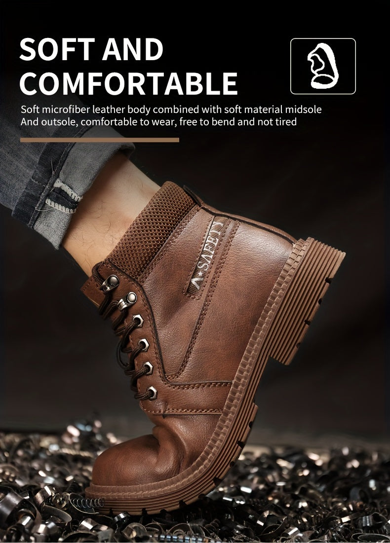 Men's Solid Colour Steel Toe & Rubber Sole Puncture Proof Safety Shoes, Comfy Non Slip Durable Lace Up Work Boots For Men's Outdoor Activities