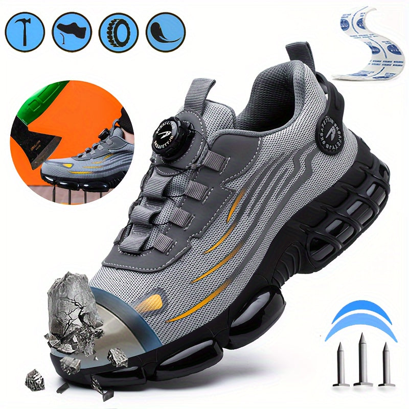 Men's Trendy Steel Toe & Puncture Proof Safety Shoes With Rotating Buckle, Comfy Non Slip Shock Absorbing Rubber Sole Work Shoes