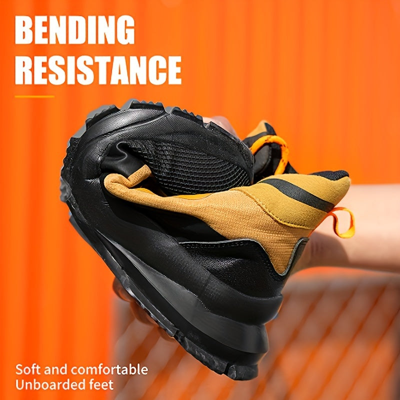 Men's High-Top Steel Toe Work Boots - Durable All-Season Hiking Safety Shoes with Anti-Puncture Midsole, Geometric Pattern, Lace-Up Closure, Synthetic Upper & Rubber Sole for Outdoor Adventures, Outdoor Hiking Boots | Stylish