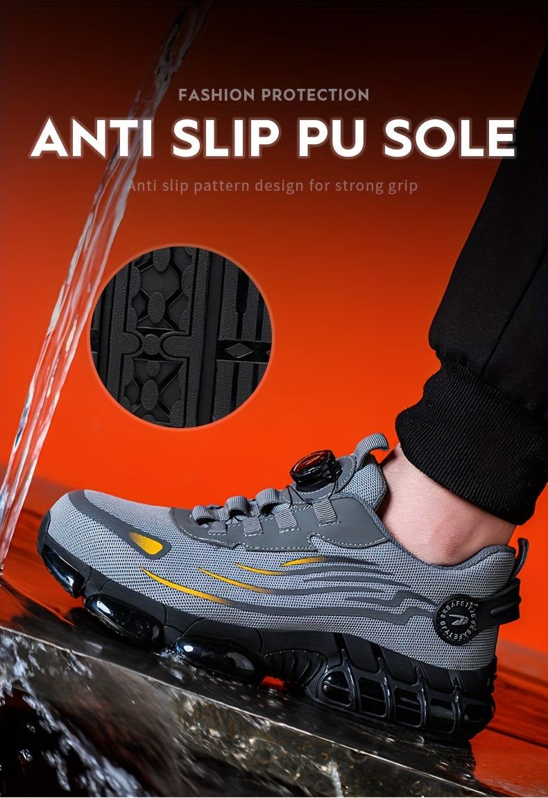 Men's Trendy Steel Toe & Puncture Proof Safety Shoes With Rotating Buckle, Comfy Non Slip Shock Absorbing Rubber Sole Work Shoes