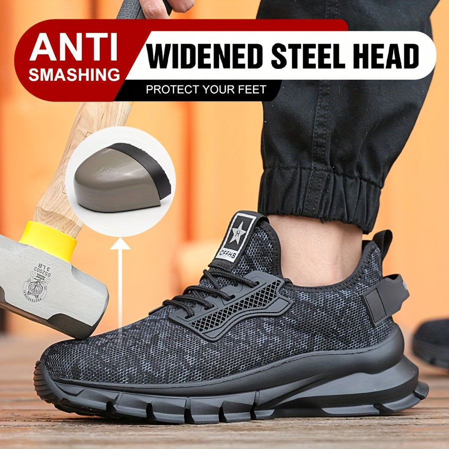 Plus Size Men's Solid Color Woven Breathable Steel Toe & Puncture Proof Safety Shoes, Comfy Non Slip EVA Sole - Industrial & Constructional Shoes - For Men - Durable & Protective - Ideal Gift for Workers & Tradespeople