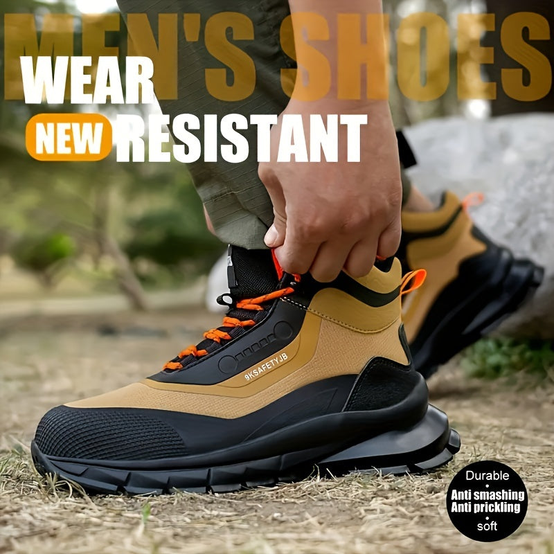 Men's High-Top Steel Toe Work Boots - Durable All-Season Hiking Safety Shoes with Anti-Puncture Midsole, Geometric Pattern, Lace-Up Closure, Synthetic Upper & Rubber Sole for Outdoor Adventures, Outdoor Hiking Boots | Stylish