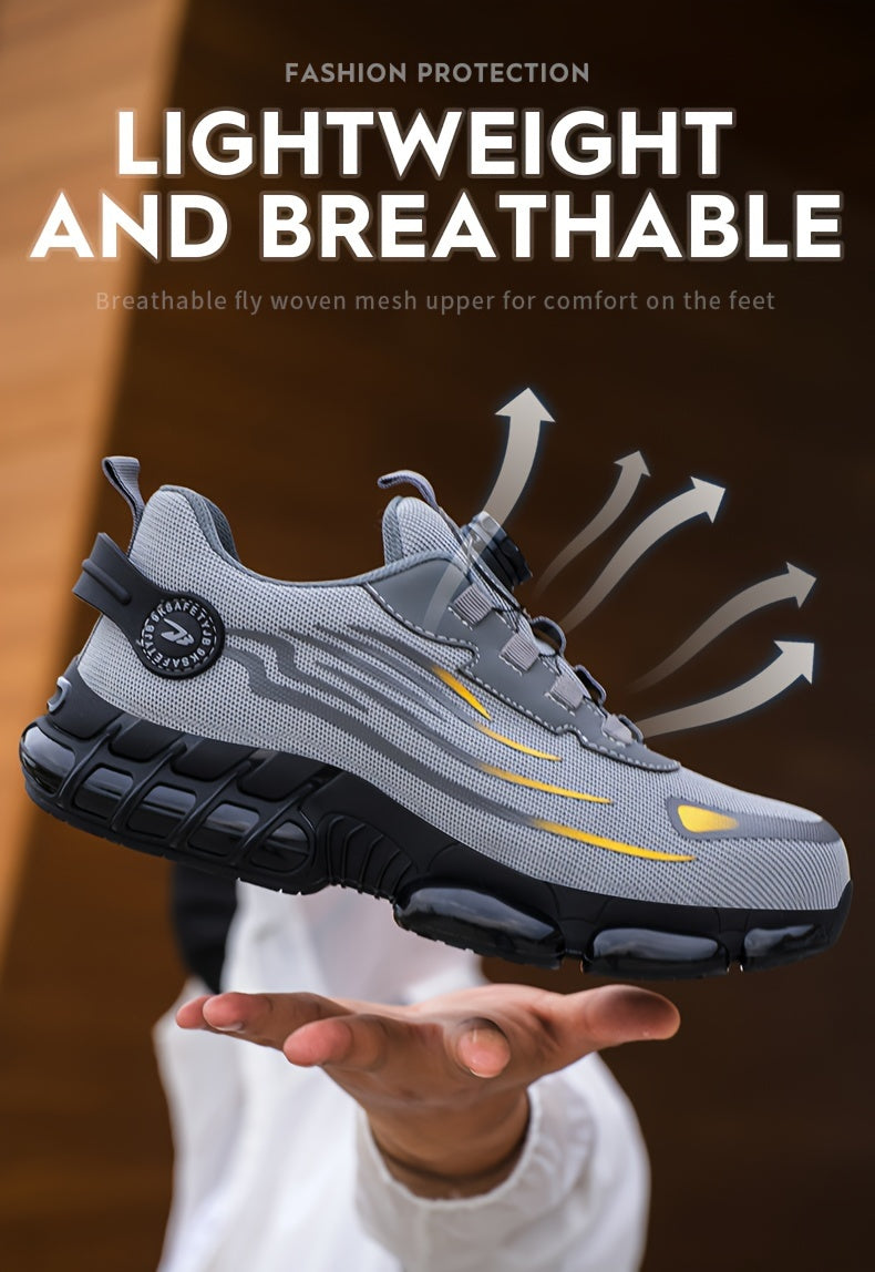 Men's Trendy Steel Toe & Puncture Proof Safety Shoes With Rotating Buckle, Comfy Non Slip Shock Absorbing Rubber Sole Work Shoes
