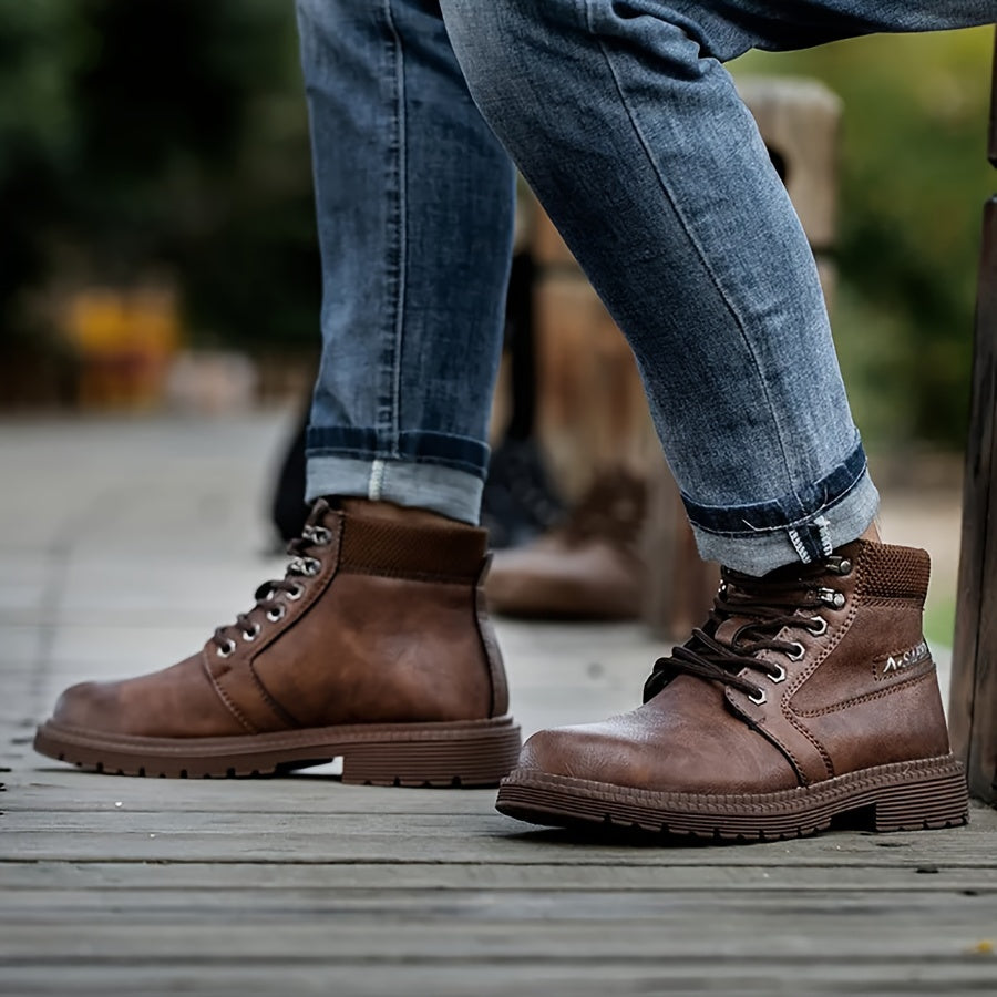 Men's Solid Colour Steel Toe & Rubber Sole Puncture Proof Safety Shoes, Comfy Non Slip Durable Lace Up Work Boots For Men's Outdoor Activities