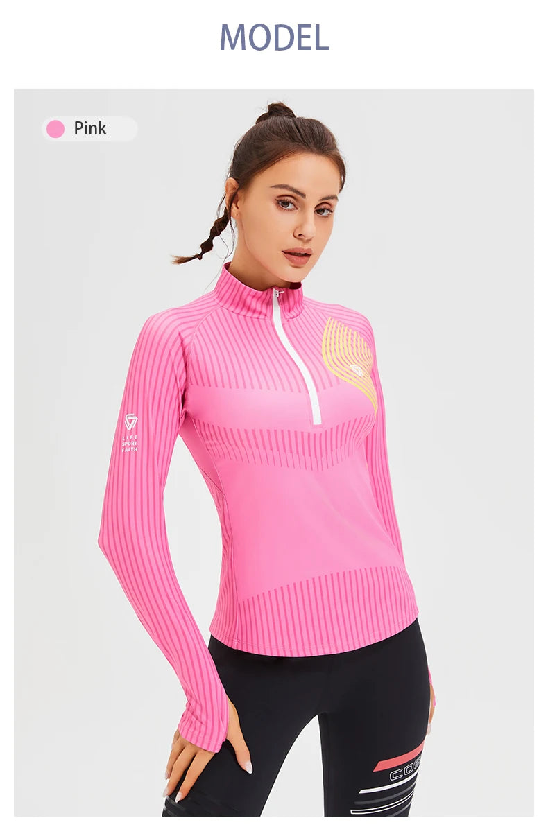 New Fitness Sports Long Sleeve Women's Top Gym Tight Yoga Shirt Quarter Zip Slim Fit Running T Shirt Quick Dry Workout Shirts
