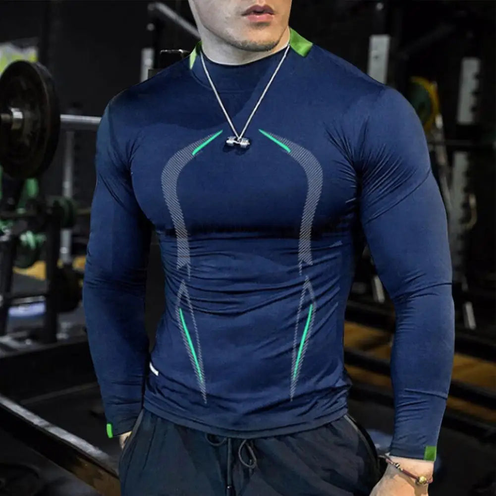 Men Workout Long Sleeve T-shirt Gym Shirt Round Neck Slim Fit T-shirt Sweat Absorption Workout Tees Quick Dry Sports T-shirts