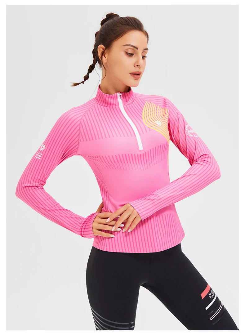 New Fitness Sports Long Sleeve Women's Top Gym Tight Yoga Shirt Quarter Zip Slim Fit Running T Shirt Quick Dry Workout Shirts