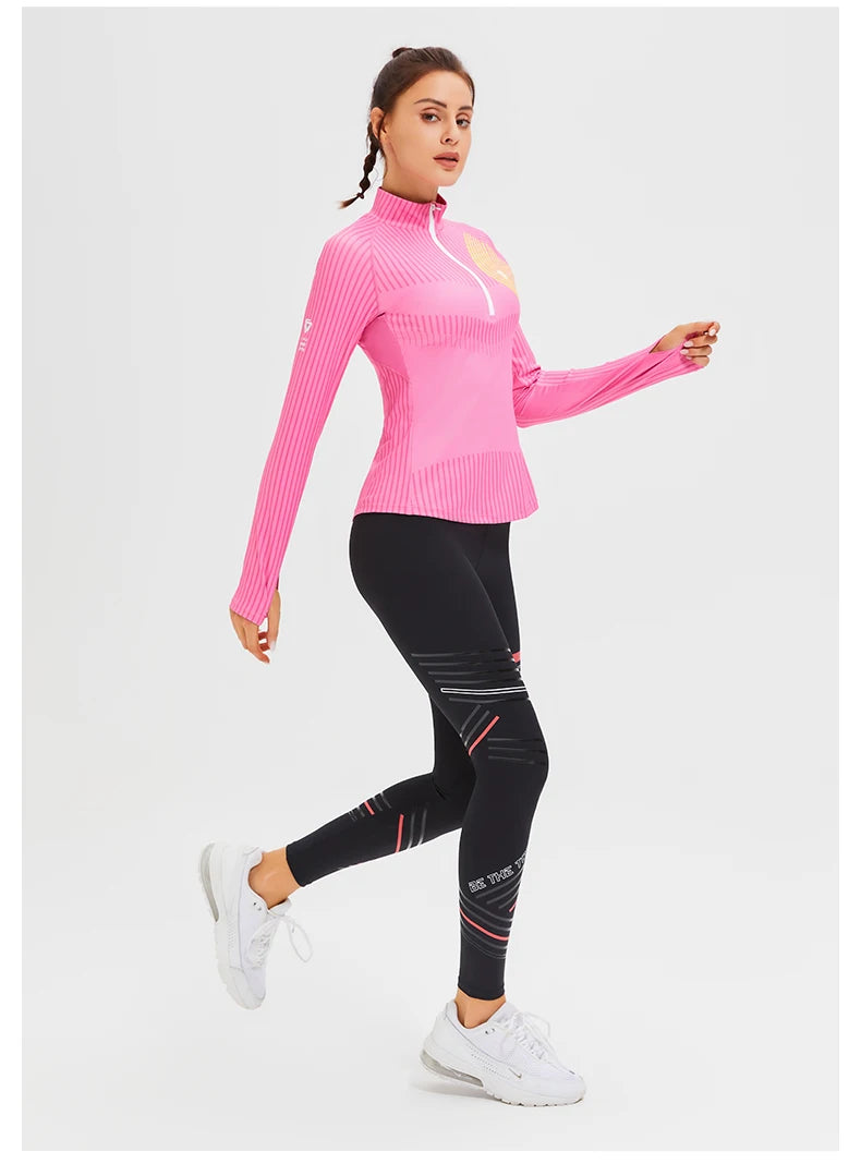 New Fitness Sports Long Sleeve Women's Top Gym Tight Yoga Shirt Quarter Zip Slim Fit Running T Shirt Quick Dry Workout Shirts