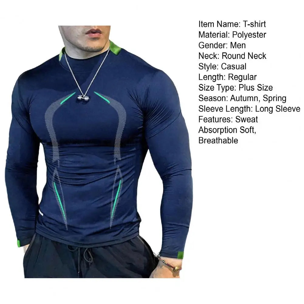 Men Workout Long Sleeve T-shirt Gym Shirt Round Neck Slim Fit T-shirt Sweat Absorption Workout Tees Quick Dry Sports T-shirts