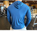 Gym Men T Shirt Casual Long Sleeve Slim Tops Tees Elastic T-shirt Sports Fitness Thin Comfort Breathable Quick Dry Hooded