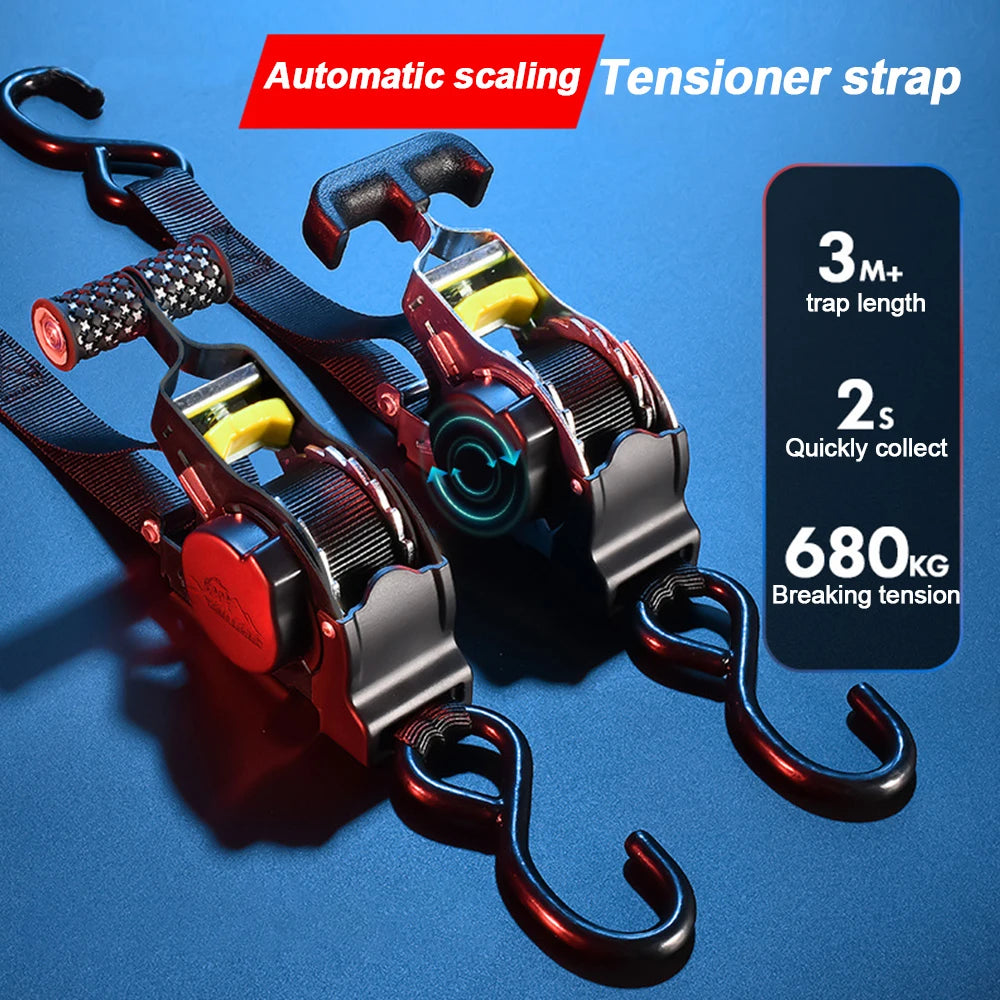 Automatic Ratchet Strap Retractable Tensioner Strap Luggage Cargo Tie-Down Rope Motorcycle Strap Fastening Polyester Strap