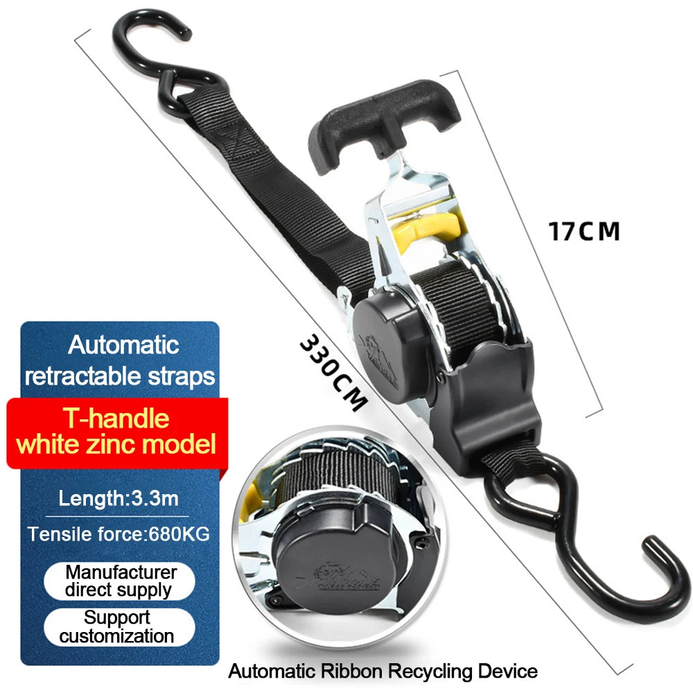 Automatic Ratchet Strap Retractable Tensioner Strap Luggage Cargo Tie-Down Rope Motorcycle Strap Fastening Polyester Strap