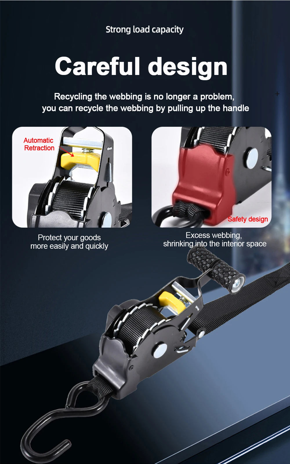 Automatic Ratchet Strap Retractable Tensioner Strap Luggage Cargo Tie-Down Rope Motorcycle Strap Fastening Polyester Strap