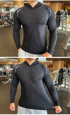 Gym Men T Shirt Casual Long Sleeve Slim Tops Tees Elastic T-shirt Sports Fitness Thin Comfort Breathable Quick Dry Hooded