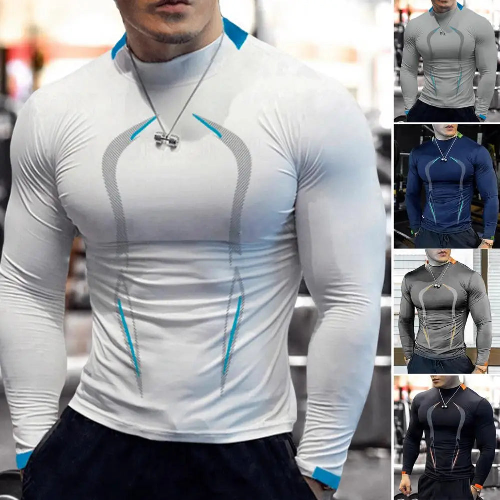 Men Workout Long Sleeve T-shirt Gym Shirt Round Neck Slim Fit T-shirt Sweat Absorption Workout Tees Quick Dry Sports T-shirts