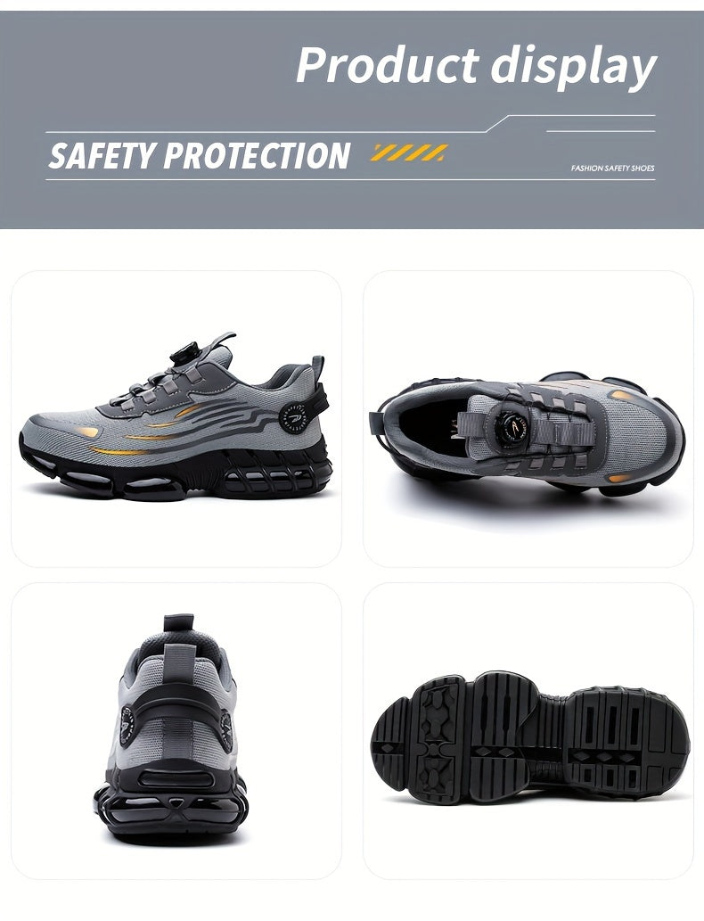 Men's Trendy Steel Toe & Puncture Proof Safety Shoes With Rotating Buckle, Comfy Non Slip Shock Absorbing Rubber Sole Work Shoes