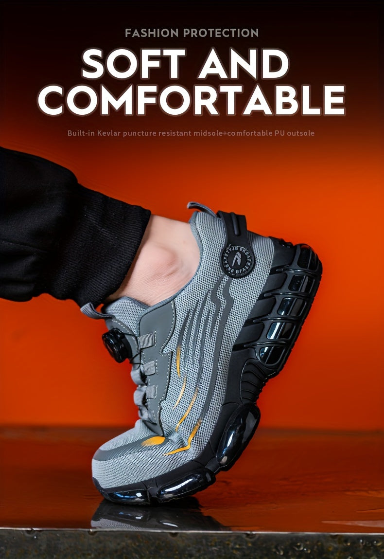 Men's Trendy Steel Toe & Puncture Proof Safety Shoes With Rotating Buckle, Comfy Non Slip Shock Absorbing Rubber Sole Work Shoes