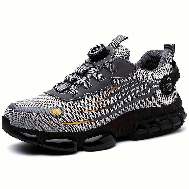 Men's Trendy Steel Toe & Puncture Proof Safety Shoes With Rotating Buckle, Comfy Non Slip Shock Absorbing Rubber Sole Work Shoes