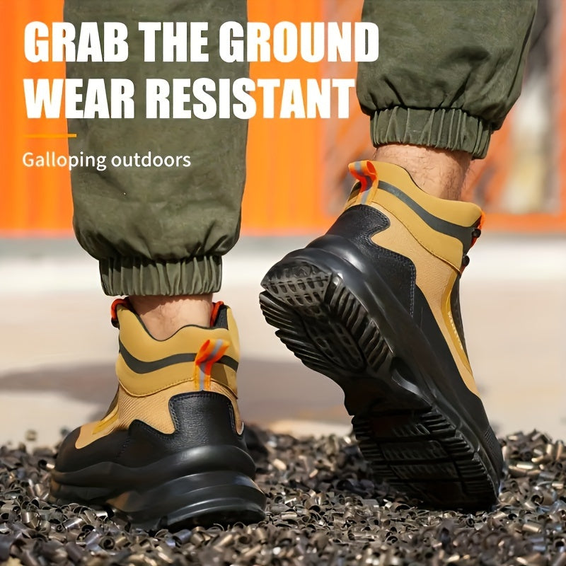 Men's High-Top Steel Toe Work Boots - Durable All-Season Hiking Safety Shoes with Anti-Puncture Midsole, Geometric Pattern, Lace-Up Closure, Synthetic Upper & Rubber Sole for Outdoor Adventures, Outdoor Hiking Boots | Stylish