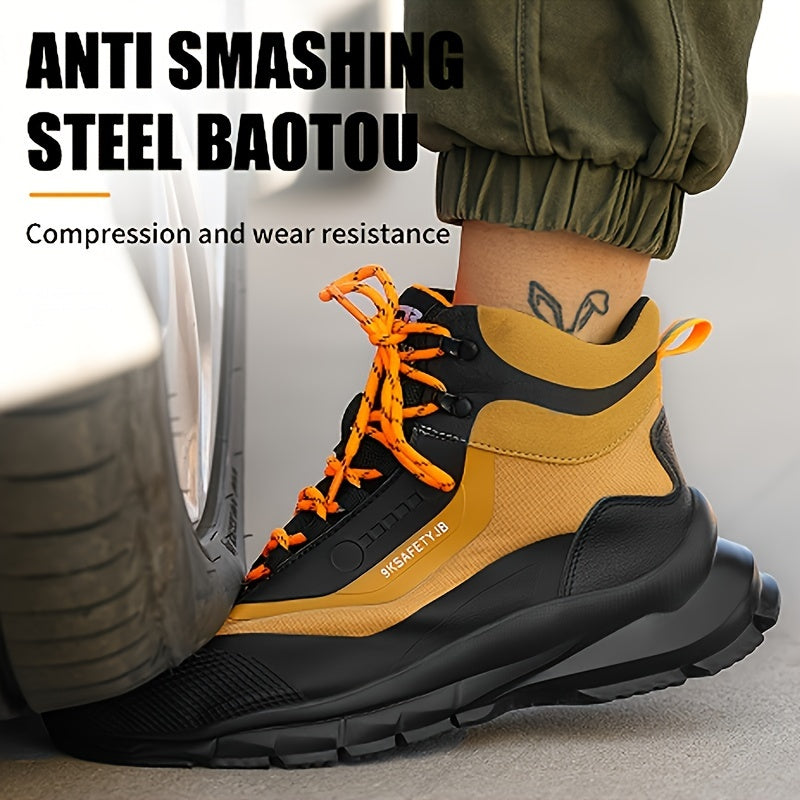 Men's High-Top Steel Toe Work Boots - Durable All-Season Hiking Safety Shoes with Anti-Puncture Midsole, Geometric Pattern, Lace-Up Closure, Synthetic Upper & Rubber Sole for Outdoor Adventures, Outdoor Hiking Boots | Stylish