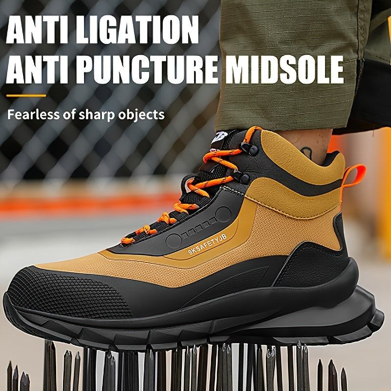 Men's High-Top Steel Toe Work Boots - Durable All-Season Hiking Safety Shoes with Anti-Puncture Midsole, Geometric Pattern, Lace-Up Closure, Synthetic Upper & Rubber Sole for Outdoor Adventures, Outdoor Hiking Boots | Stylish