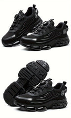 Men's Trendy Steel Toe & Puncture Proof Safety Shoes With Rotating Buckle, Comfy Non Slip Shock Absorbing Rubber Sole Work Shoes