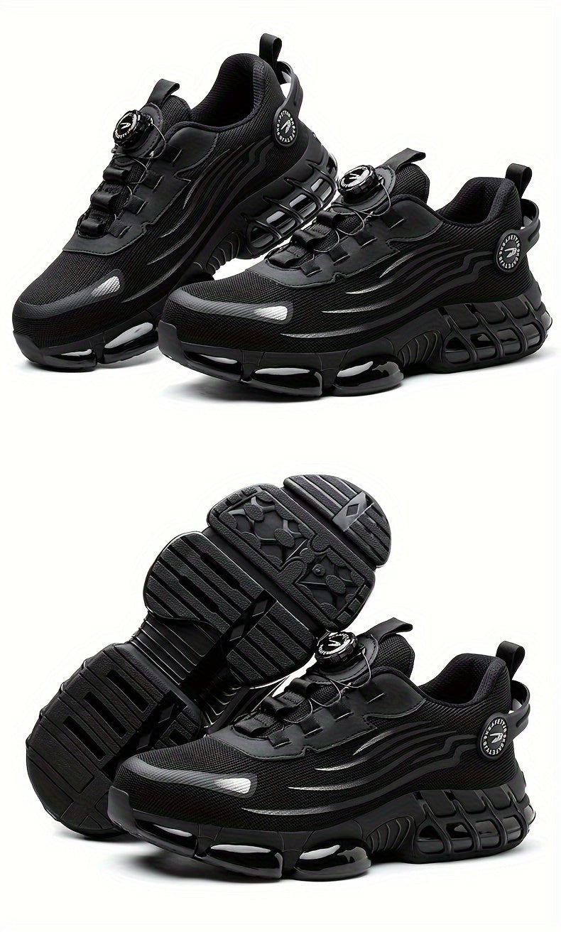 Men's Trendy Steel Toe & Puncture Proof Safety Shoes With Rotating Buckle, Comfy Non Slip Shock Absorbing Rubber Sole Work Shoes