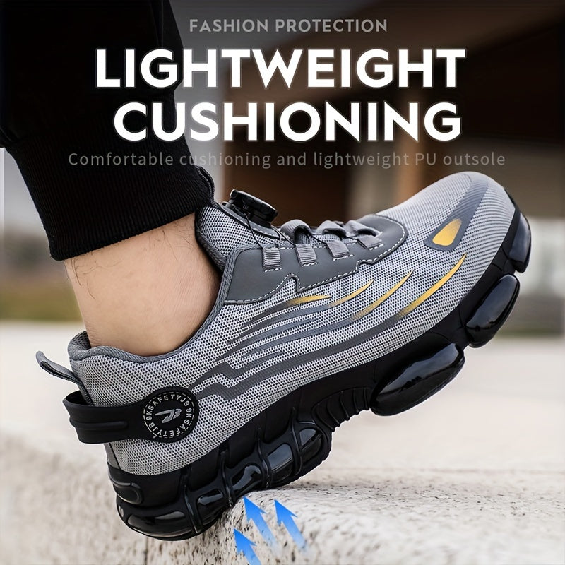 Men's Trendy Steel Toe & Puncture Proof Safety Shoes With Rotating Buckle, Comfy Non Slip Shock Absorbing Rubber Sole Work Shoes