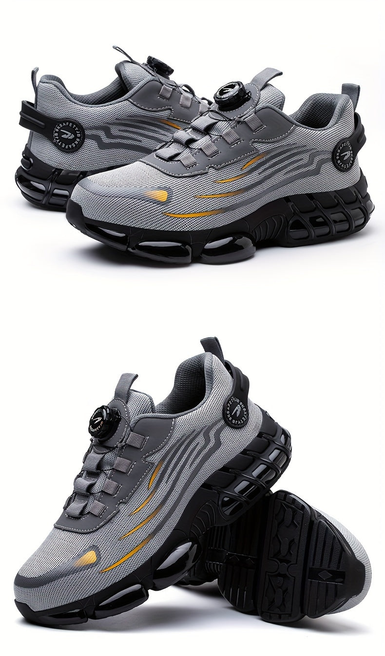 Men's Trendy Steel Toe & Puncture Proof Safety Shoes With Rotating Buckle, Comfy Non Slip Shock Absorbing Rubber Sole Work Shoes