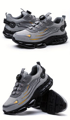 Men's Trendy Steel Toe & Puncture Proof Safety Shoes With Rotating Buckle, Comfy Non Slip Shock Absorbing Rubber Sole Work Shoes