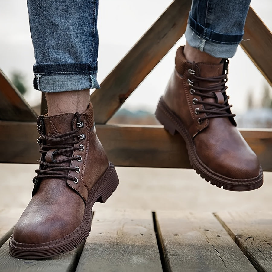 Men's Solid Colour Steel Toe & Rubber Sole Puncture Proof Safety Shoes, Comfy Non Slip Durable Lace Up Work Boots For Men's Outdoor Activities