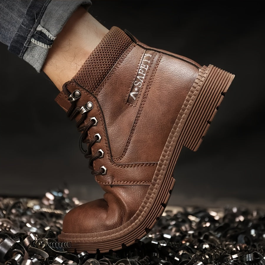 Men's Solid Colour Steel Toe & Rubber Sole Puncture Proof Safety Shoes, Comfy Non Slip Durable Lace Up Work Boots For Men's Outdoor Activities