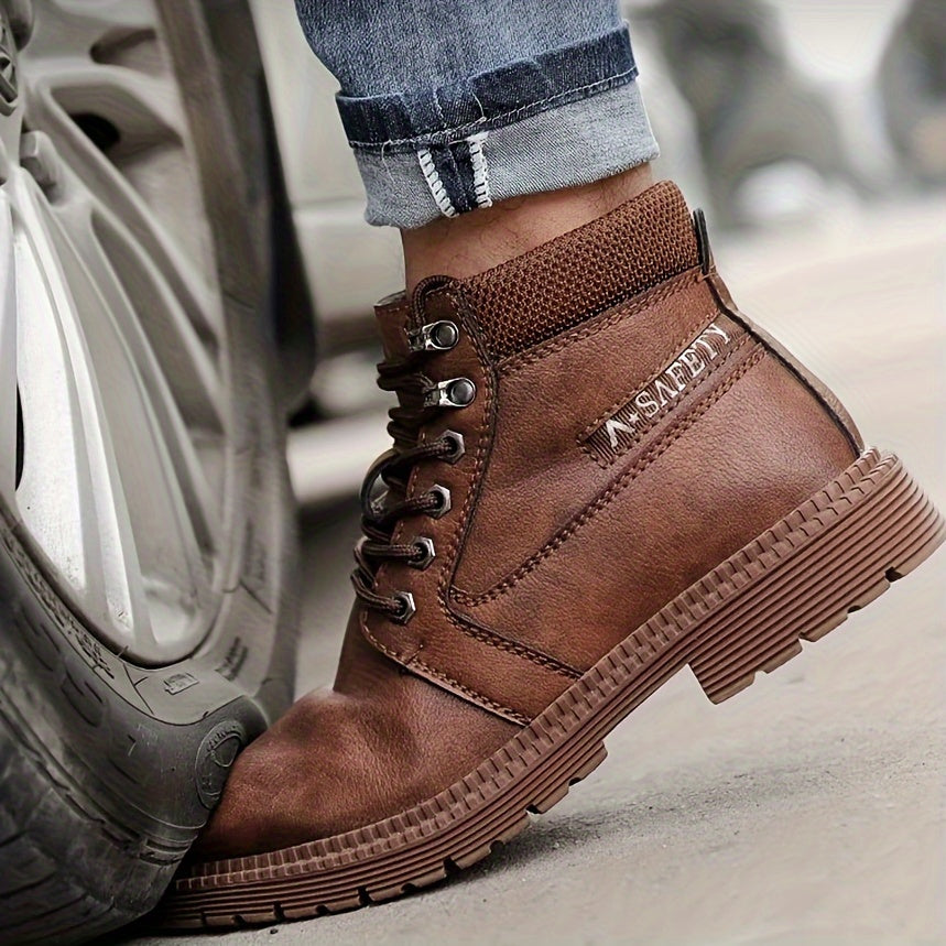 Men's Solid Colour Steel Toe & Rubber Sole Puncture Proof Safety Shoes, Comfy Non Slip Durable Lace Up Work Boots For Men's Outdoor Activities