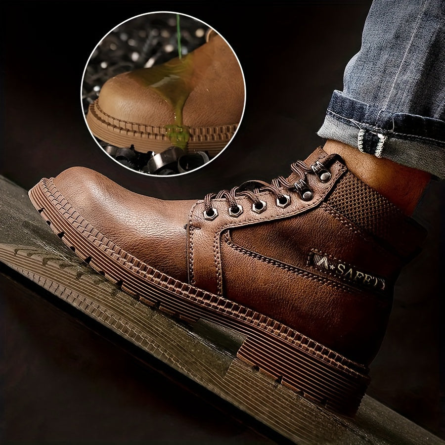 Men's Solid Colour Steel Toe & Rubber Sole Puncture Proof Safety Shoes, Comfy Non Slip Durable Lace Up Work Boots For Men's Outdoor Activities