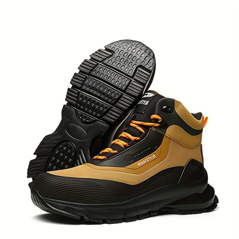 Men's High-Top Steel Toe Work Boots - Durable All-Season Hiking Safety Shoes with Anti-Puncture Midsole, Geometric Pattern, Lace-Up Closure, Synthetic Upper & Rubber Sole for Outdoor Adventures, Outdoor Hiking Boots | Stylish
