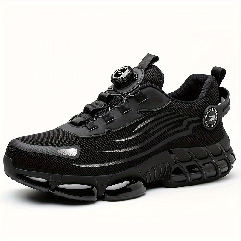 Men's Trendy Steel Toe & Puncture Proof Safety Shoes With Rotating Buckle, Comfy Non Slip Shock Absorbing Rubber Sole Work Shoes